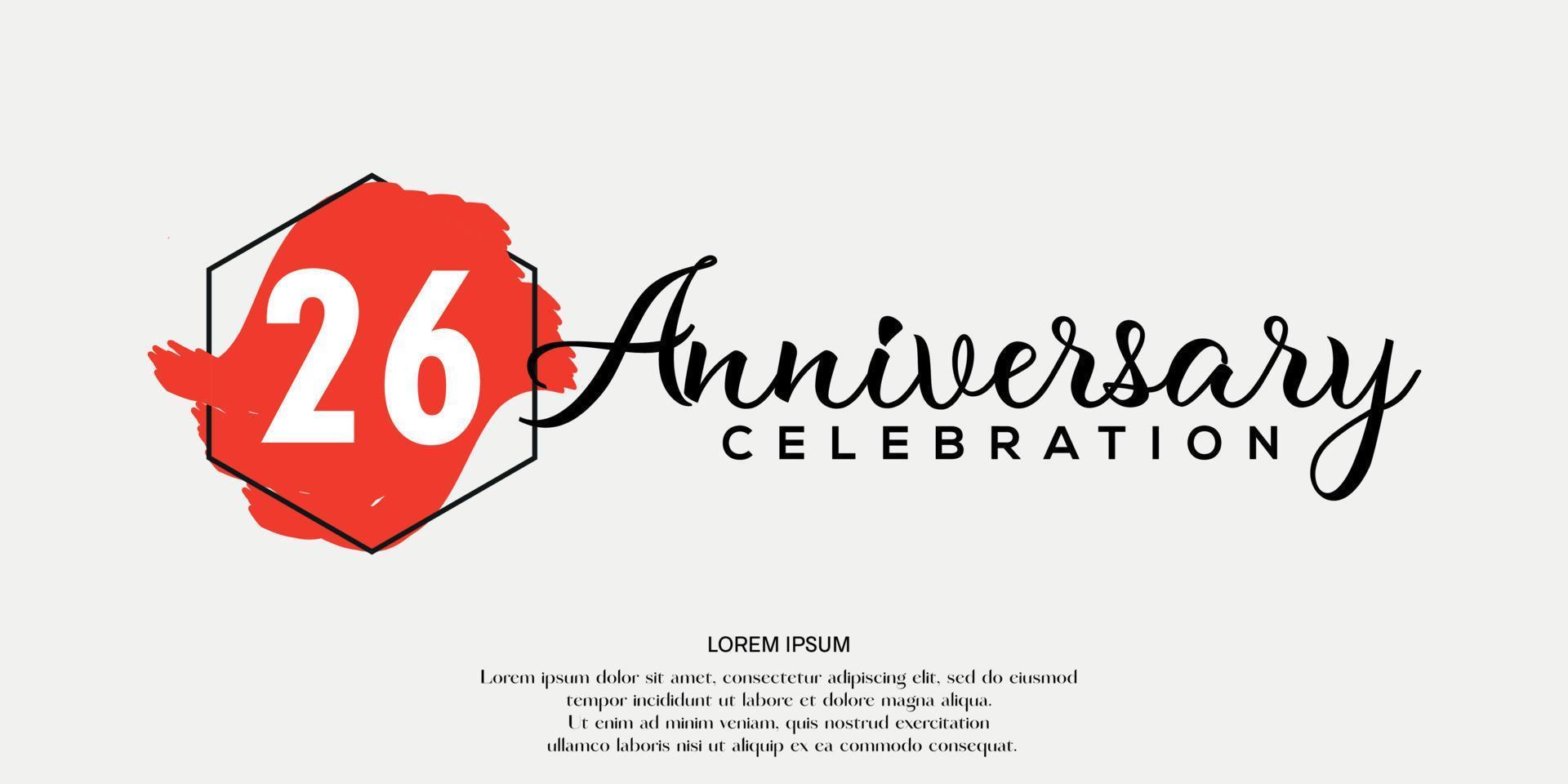 26 años aniversario celebracion logo rojo color cepillo diseño con negro color fuente modelo vector diseño