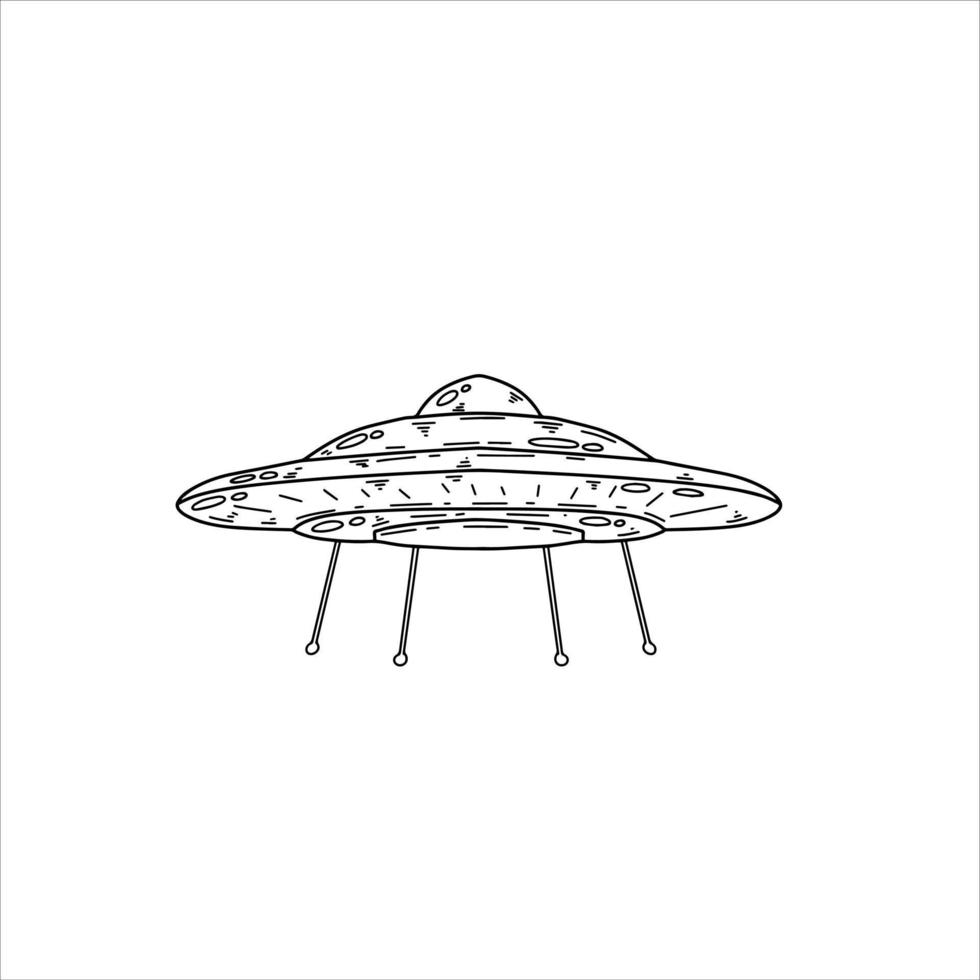 Alien UFO. Flying ovnis. Sketch doodle spaceship vector