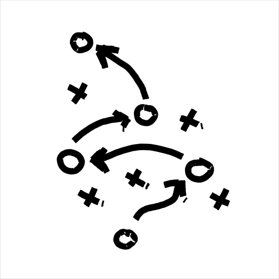 Sports tactics and strategy. Scheme of movement of team player. Combination of crosses and circles with path arrows. Pitch ball instructions. vector