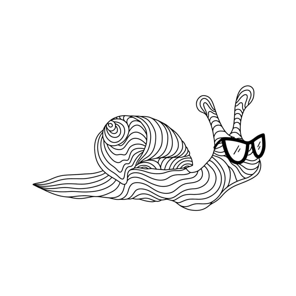 Abstract snail for coloring in sunglasses on a white background. Funny children's vector illustration in the style of outline. Tatoo.