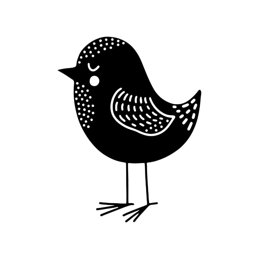 Black bird in Scandinavian style on a white background. Monochrome vector illustration. Funny character similar to a sparrow.