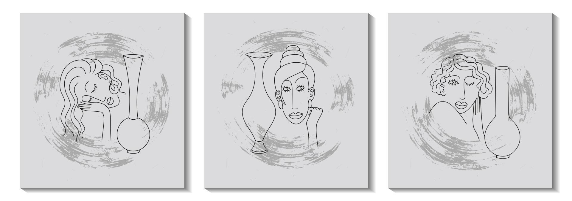 Set of drawings with modern abstract faces. Fashionable outlines of women silhouettes with vases. Hand-drawn outlines of vector illustrations of girls. Minimalistic concept. Monochrome banner. Grey.