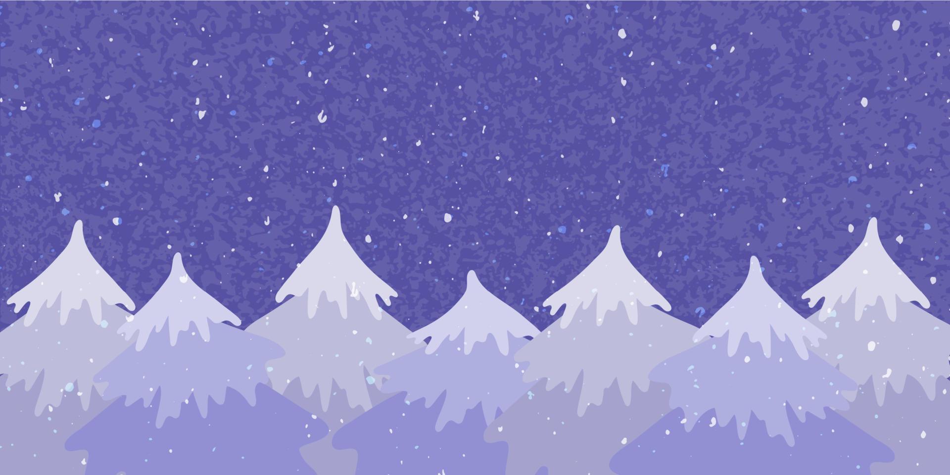 Purple festive background with Christmas trees and snowfall. Cozy Christmas scene with an empty space for your message. Vector illustration.