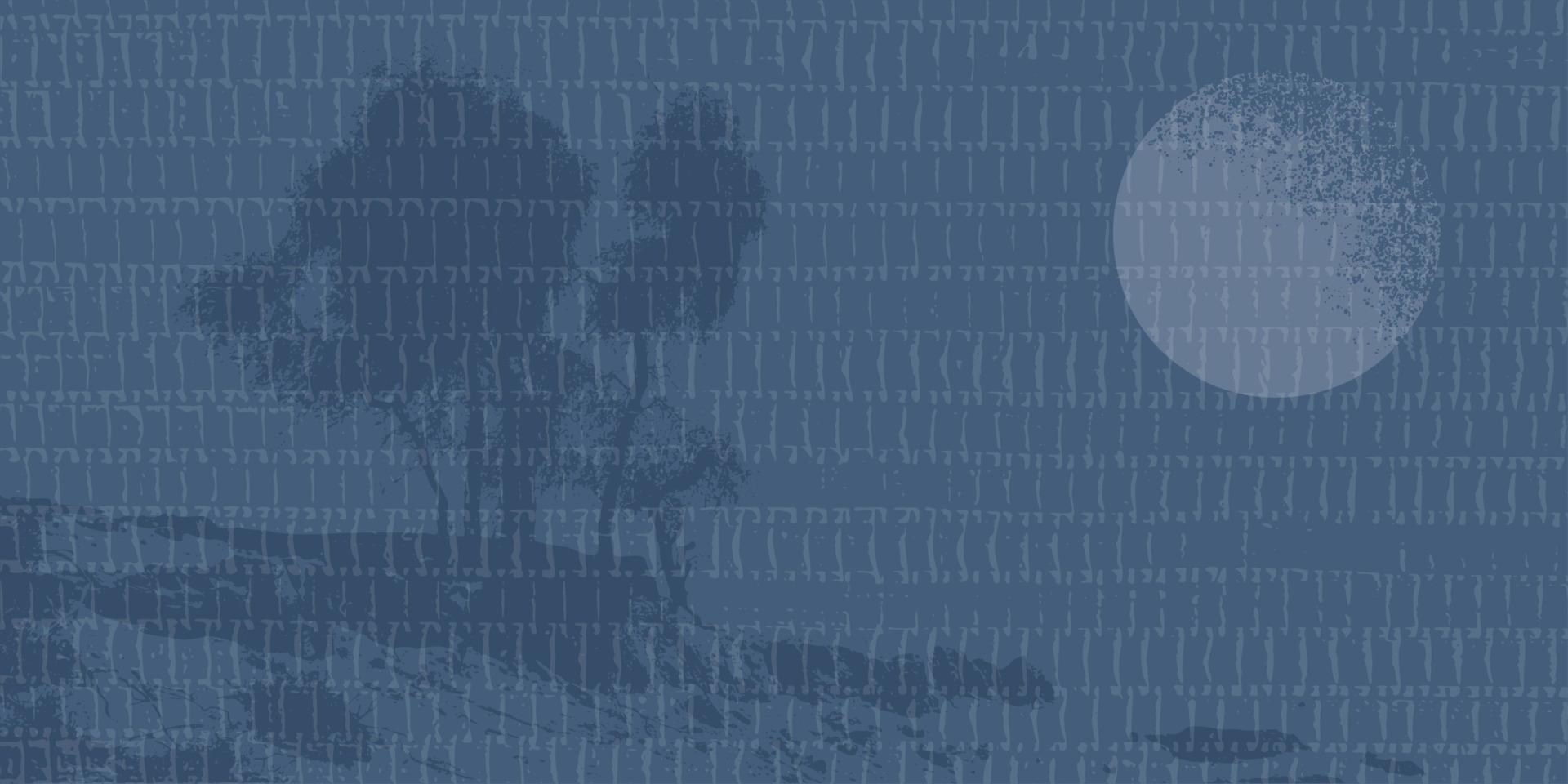 Futuristic background with a matting or burlap texture in shades of blue with the moon and the trees of the Tenere desert. Vector illustration.