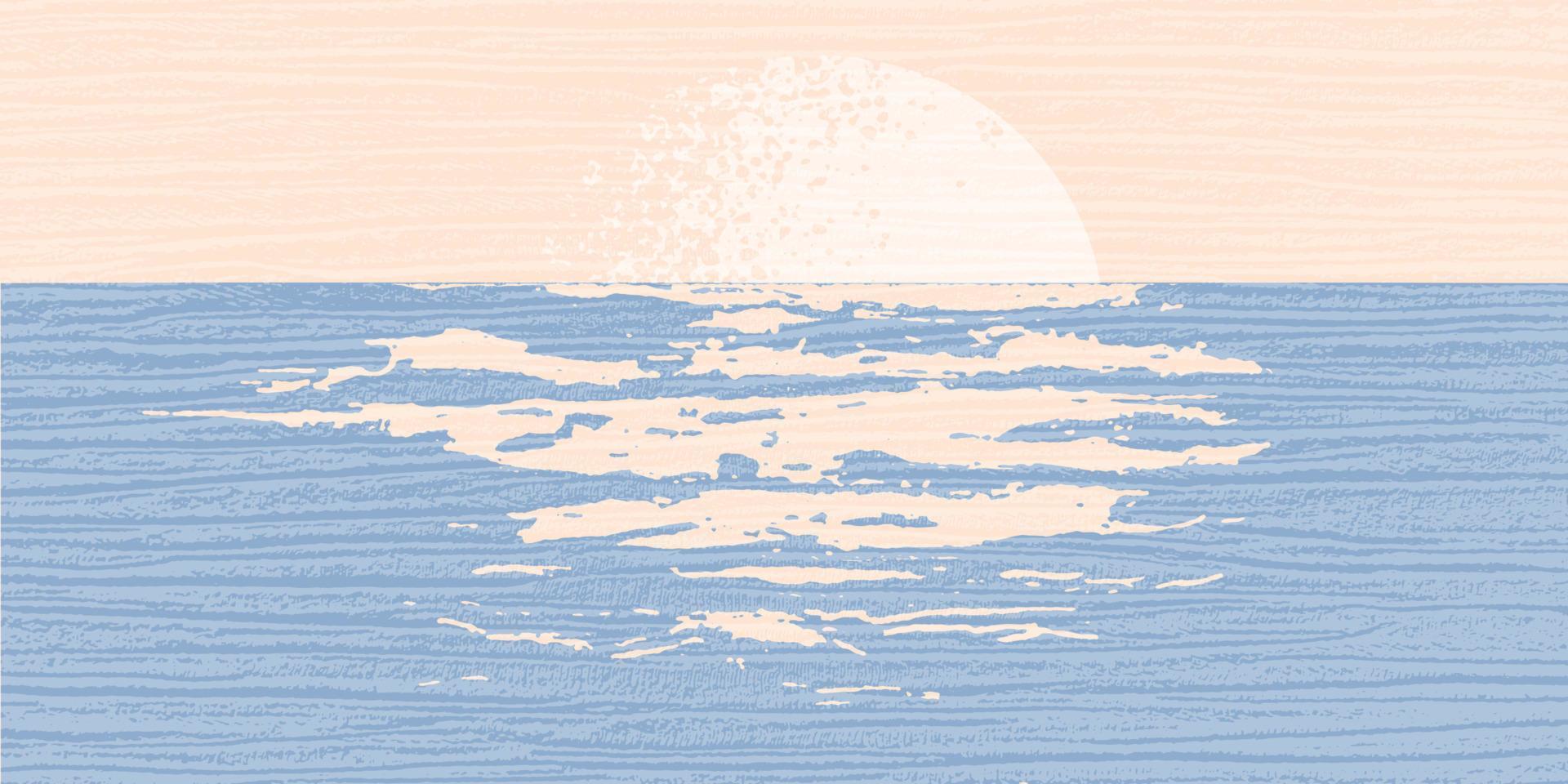 Elegant background with the texture of waves and the sunset of the moon in blue and beige tones. Abstract template with a natural sea landscape. Vector illustration.