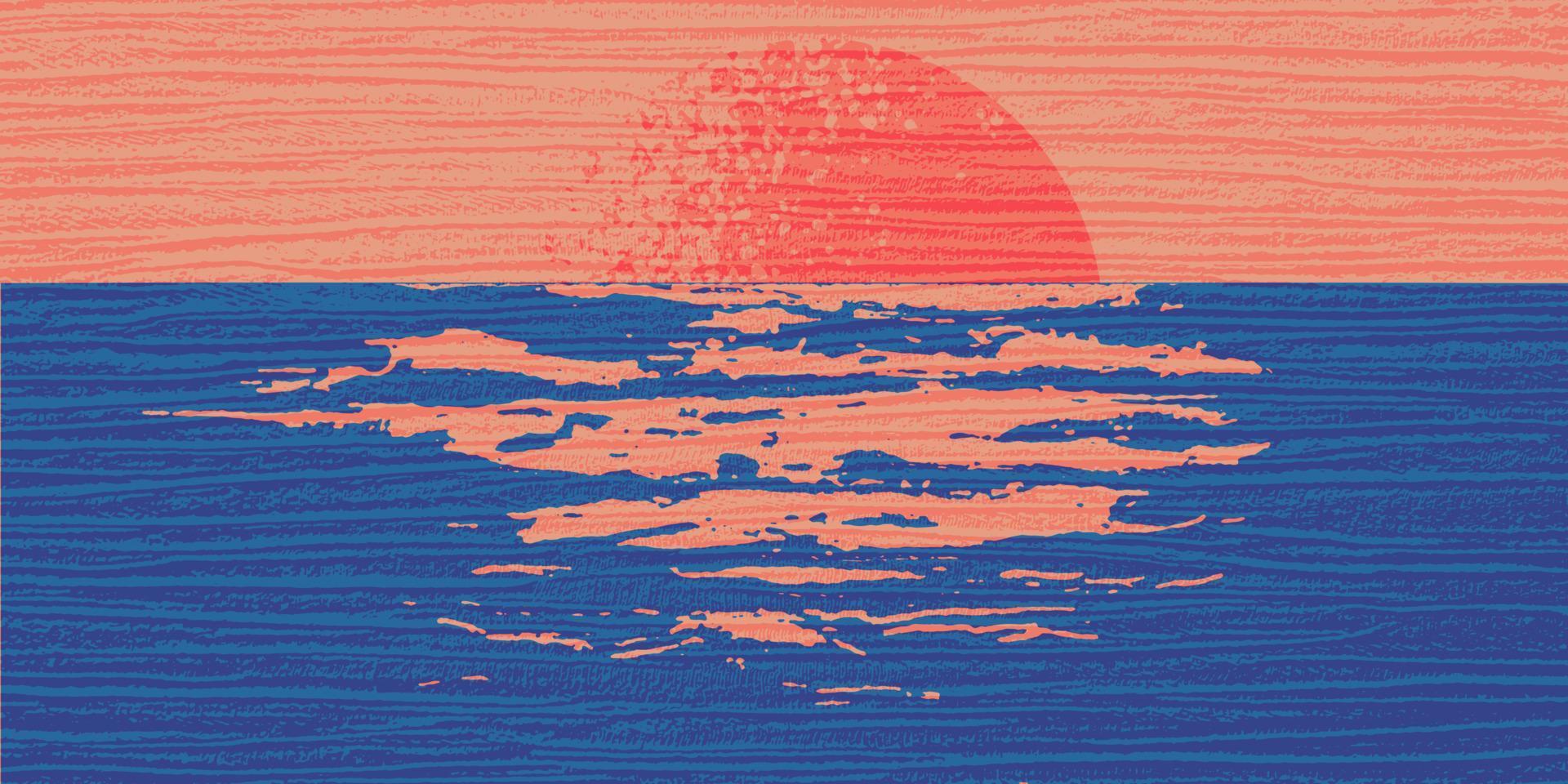 Elegant background with the texture of waves and the sunset of the moon in blue and scarlet tones. Abstract template with a natural seascape of bright shades. Vector illustration.