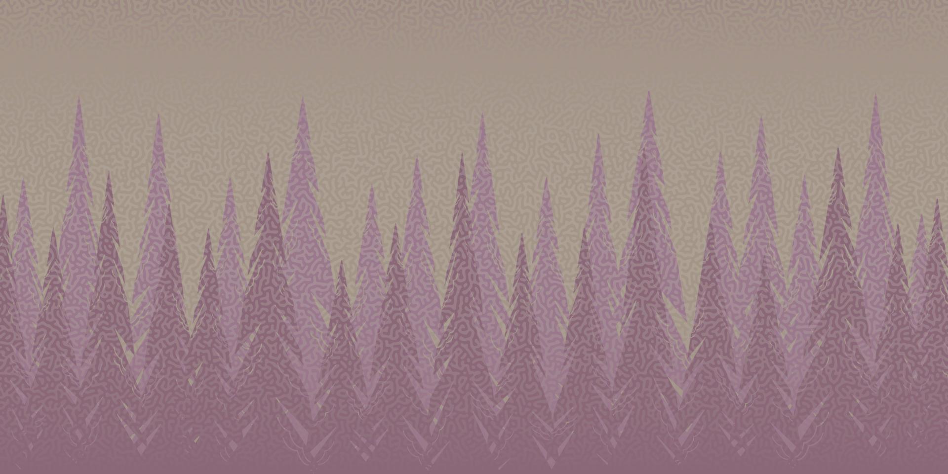 Abstract forest background with fir trees and interesting texture in pink and crimson tones, nature, landscape. Evergreen coniferous trees. Vector silhouettes of trees.