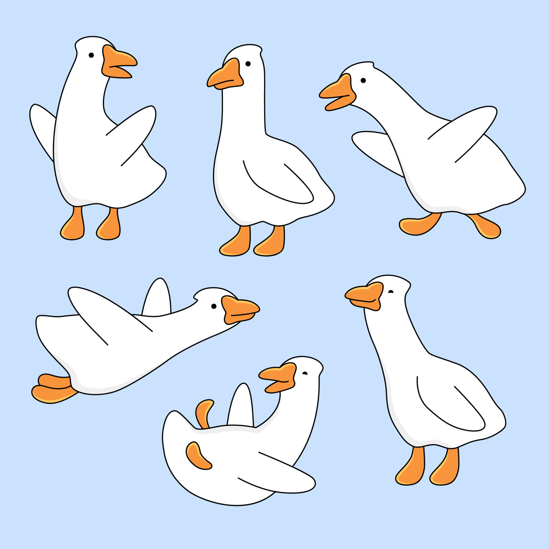 Goose, geese set of illustrations, cute cartoon drawings. Animal character  in various poses 21893360 Vector Art at Vecteezy