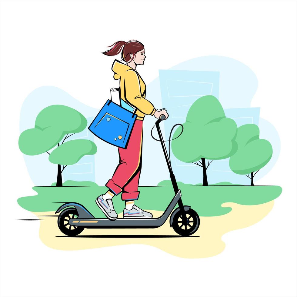 Girl with shoulder bag riding an electric scooter, vector drawing in a comic, cartoon style