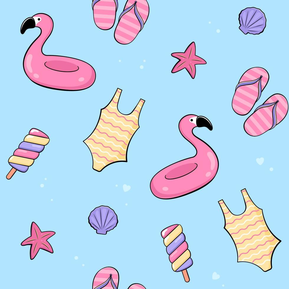 Seamless summer pattern with summer, beach accessories and objects in a cartoon, comic style vector