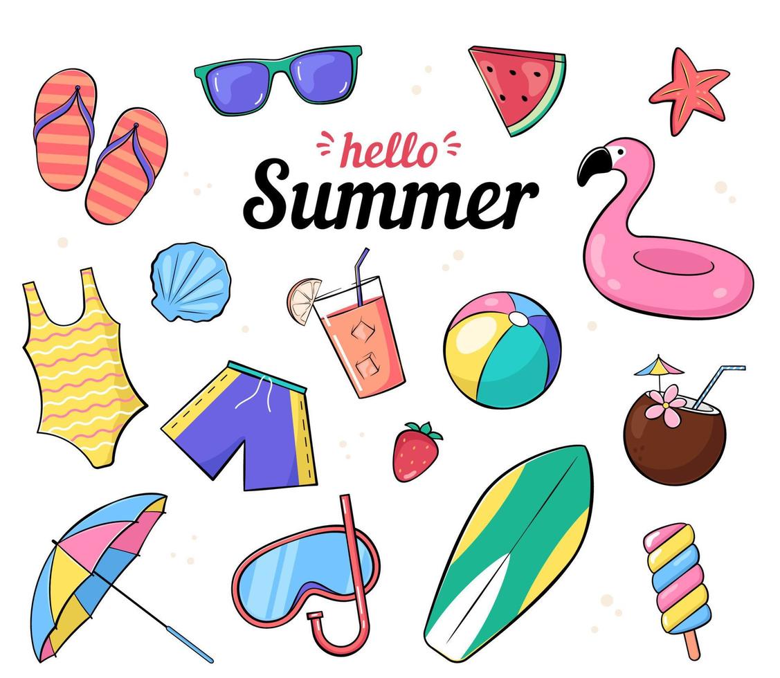 conjunto de verano, playa accesorios y objetos, vacaciones, fiesta ilustración en un dibujos animados, cómic estilo vector