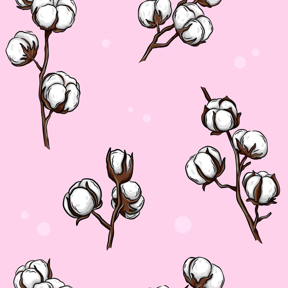 Cotton branches seamless pattern, background. Vector drawings in a cartoon, comic style