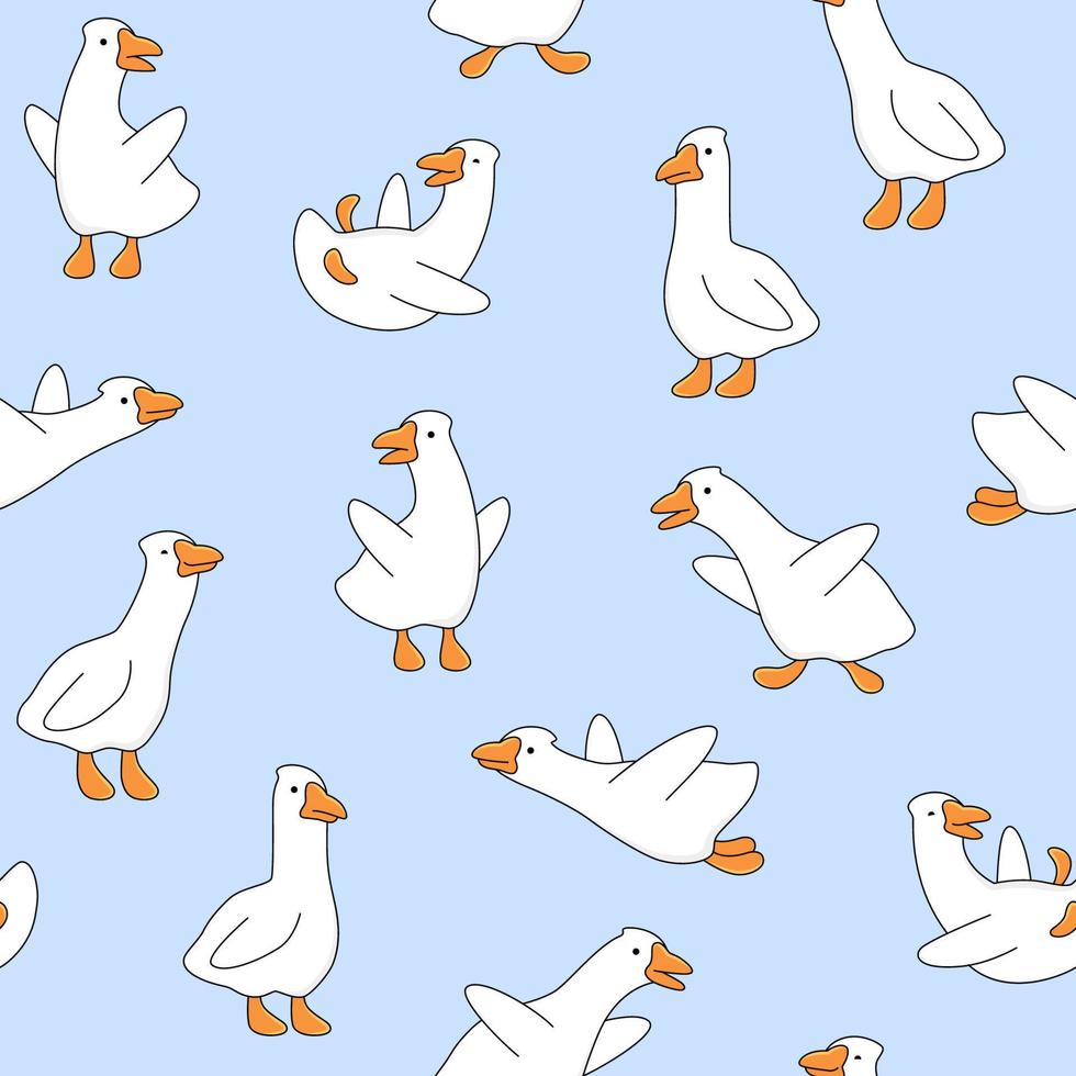 Goose, geese seamless pattern, cute cartoon ducks background. Animal character vector drawing