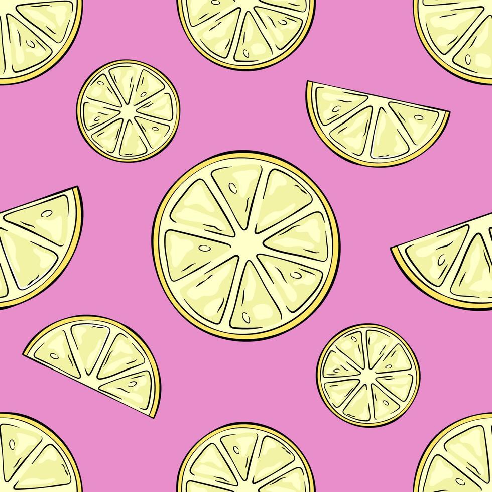Lemon seamless pattern, background. Lemon halves and slices illustration in a comic, cartoon style. vector