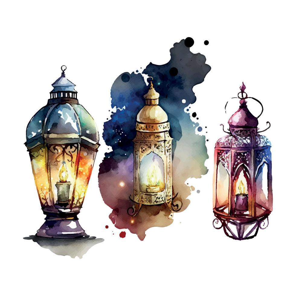 Ramadan Kareem islamic lantern watercolor illustration vector