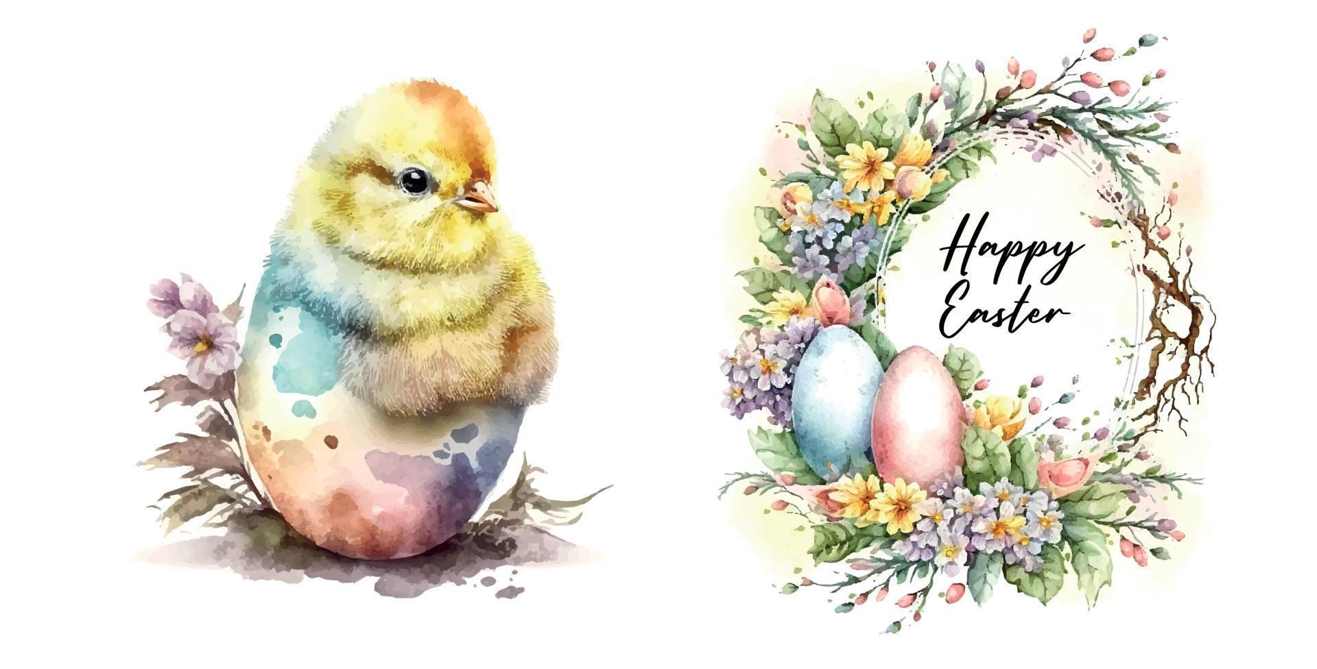 Happy easter set Vector cute classic illustrations of easter eggs in a basket of flowers, chick, bunny greeting text for a greeting card, poster or background