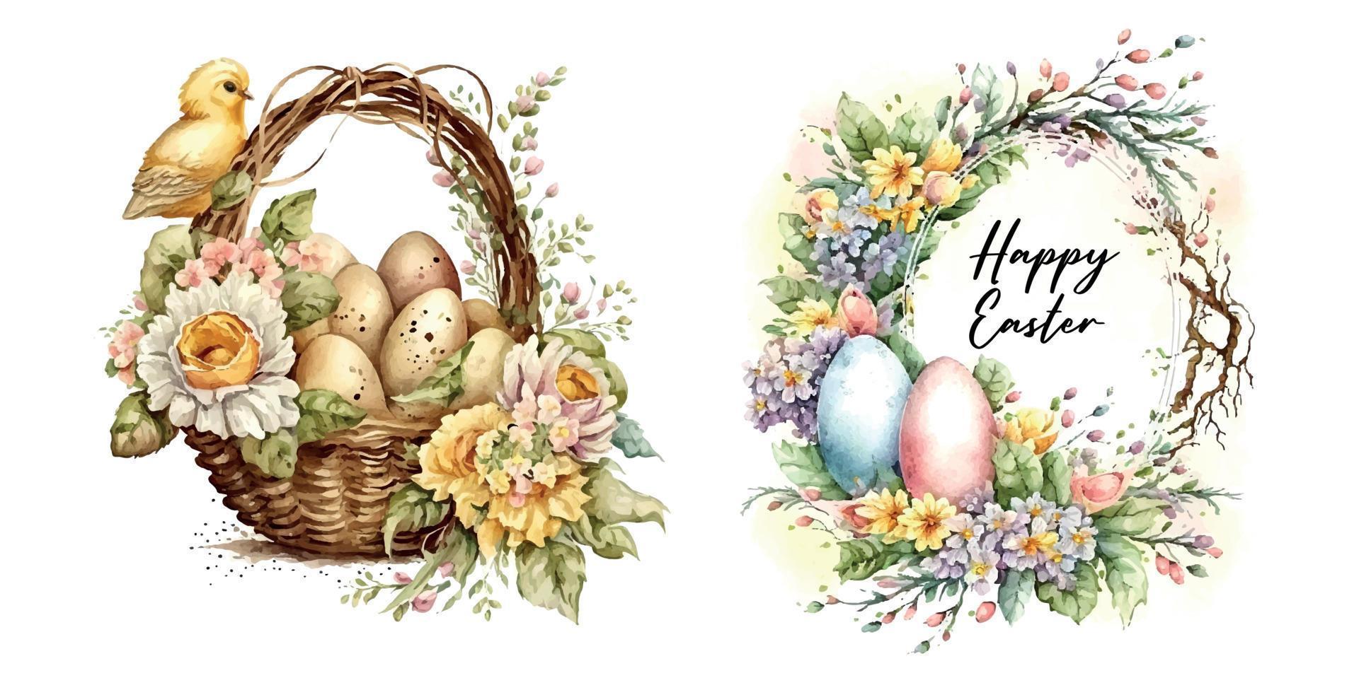 Happy easter set Vector cute classic illustrations of easter eggs in a basket of flowers, chick, bunny greeting text for a greeting card, poster or background