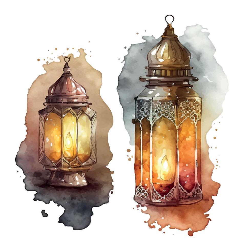 Ramadan Kareem islamic lantern watercolor illustration vector