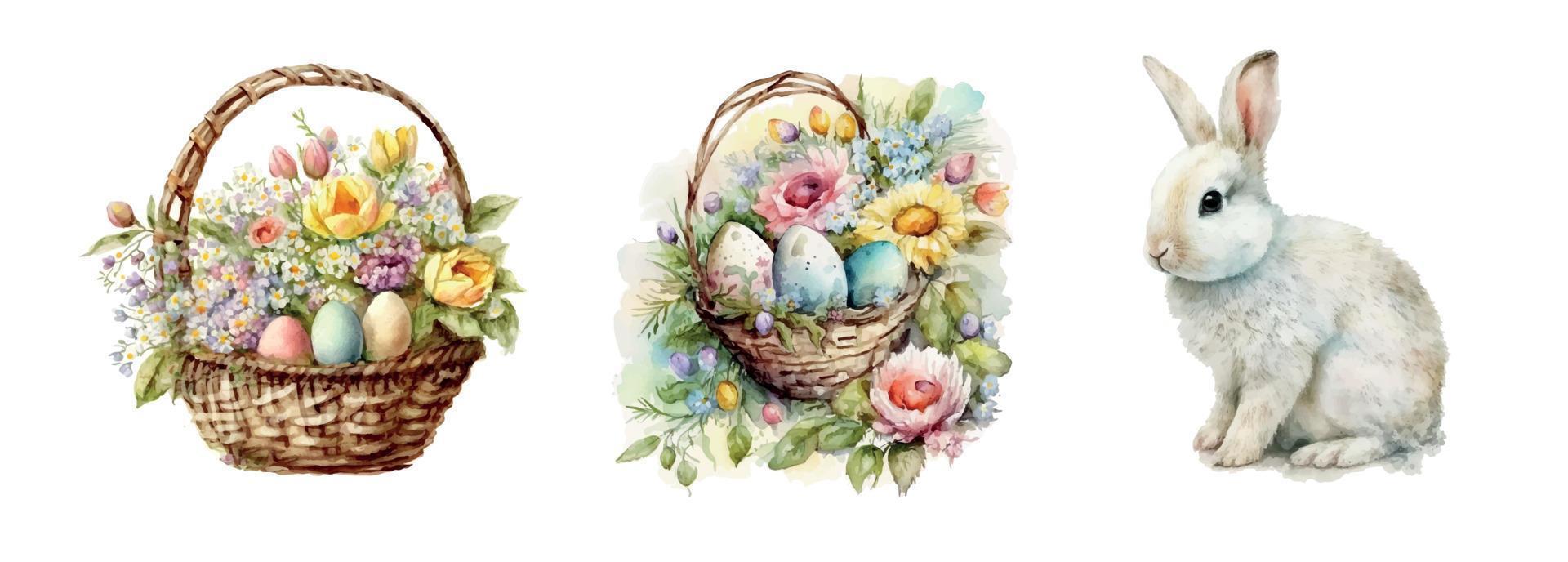 Happy easter set Vector cute classic illustrations of easter eggs in a basket of flowers, chick, bunny greeting text for a greeting card, poster or background