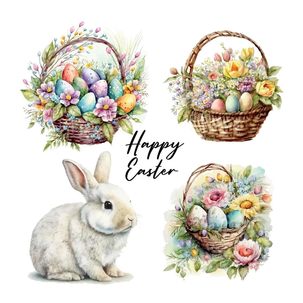 contento Pascua de Resurrección conjunto vector linda clásico ilustraciones de Pascua de Resurrección huevos en un cesta de flores, polluelo, conejito saludo texto para un saludo tarjeta, póster o antecedentes