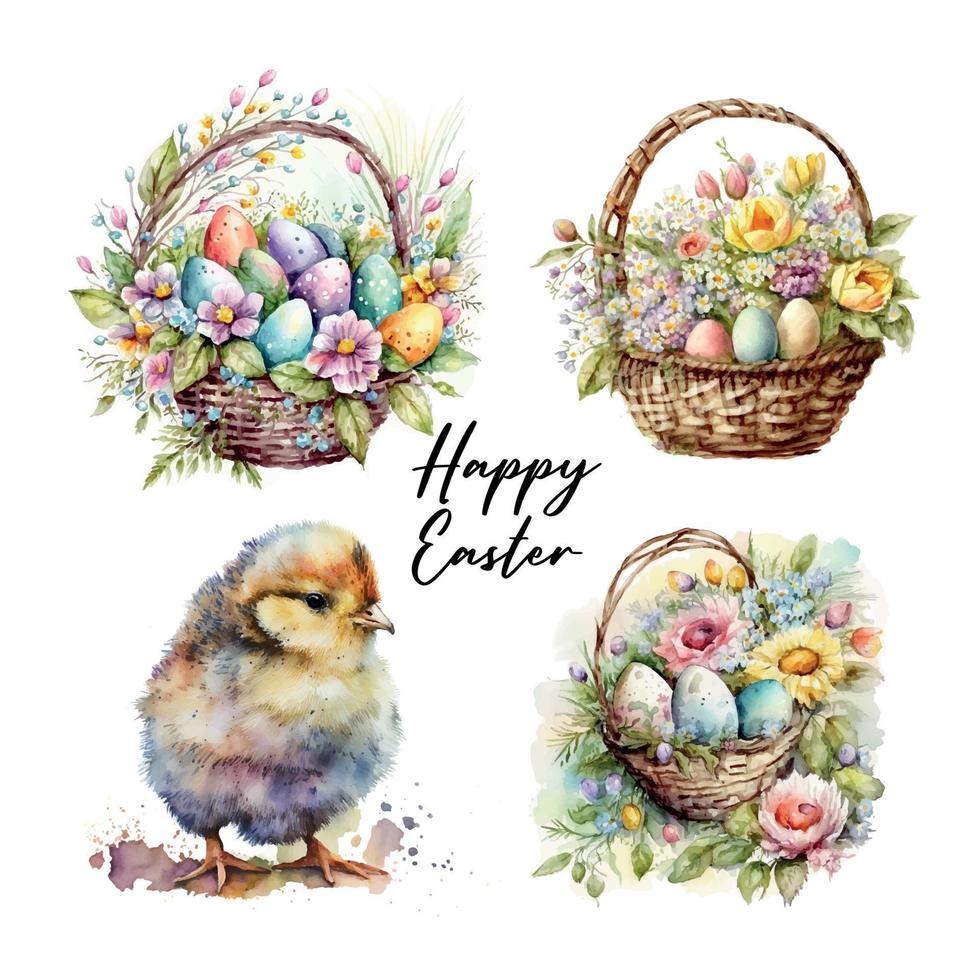 Happy easter set Vector cute classic illustrations of easter eggs in a basket of flowers, chick, bunny greeting text for a greeting card, poster or background