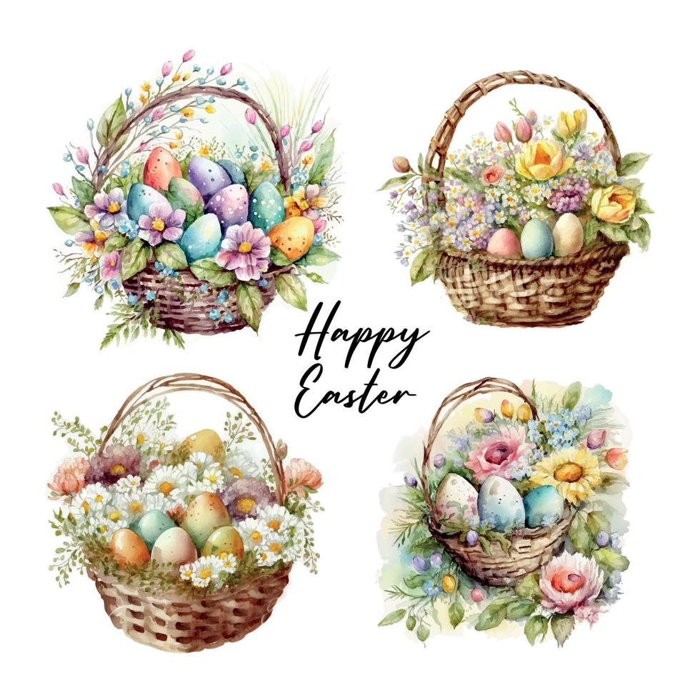 Happy easter set Vector cute classic illustrations of easter eggs in a basket of flowers, chick, bunny greeting text for a greeting card, poster or background