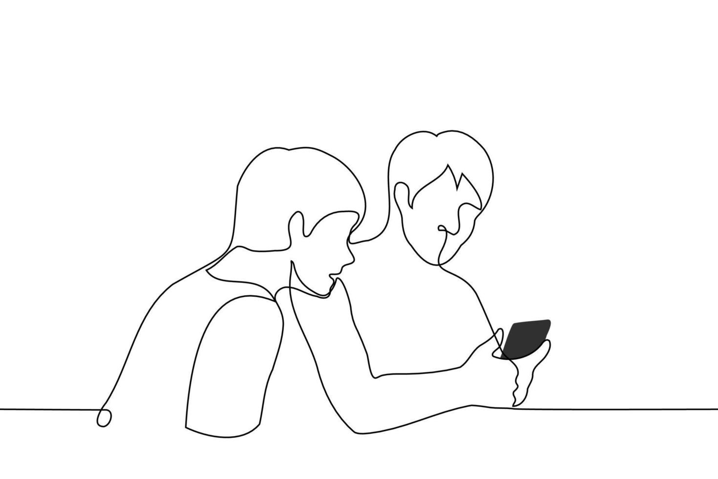 man looks into a stranger's phone - one line drawing vector. concept peek into someone else's phone vector