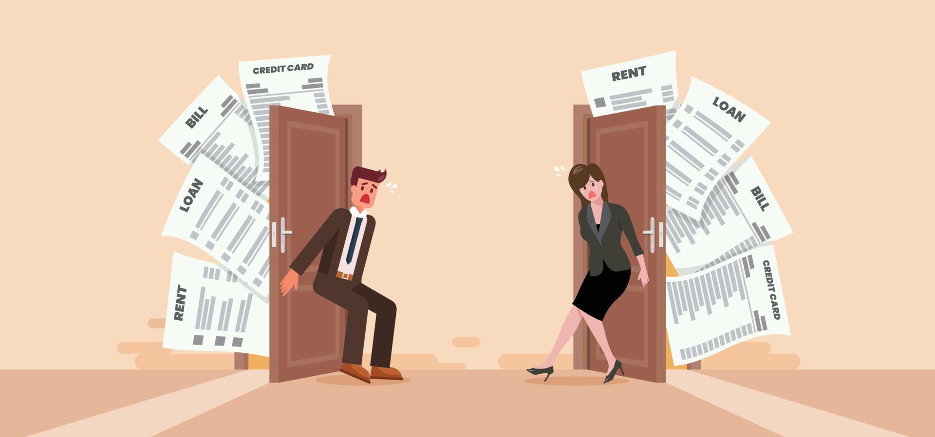 Frustrated man and woman try to close the door with full of debts and bills to pay vector