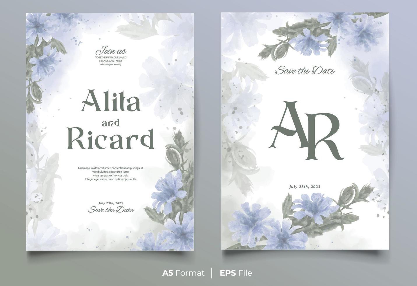 watercolor wedding invitation card template with blue and green flower ornament vector