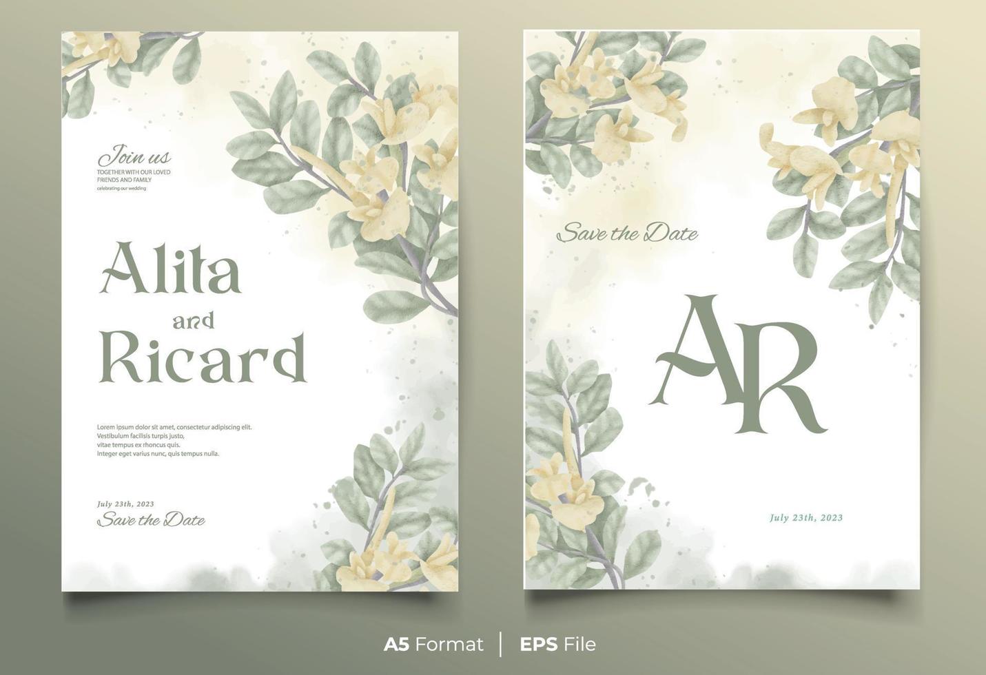 acuarela Boda invitación tarjeta modelo con amarillo y verde flor ornamento vector