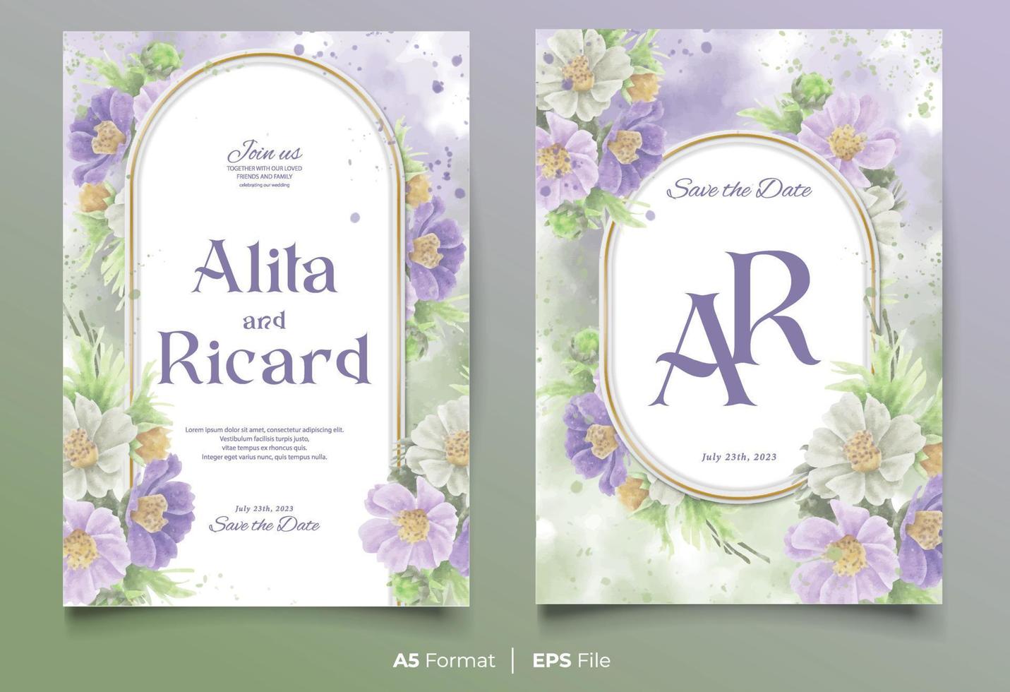 acuarela Boda invitación tarjeta modelo con púrpura y blanco flor ornamento vector