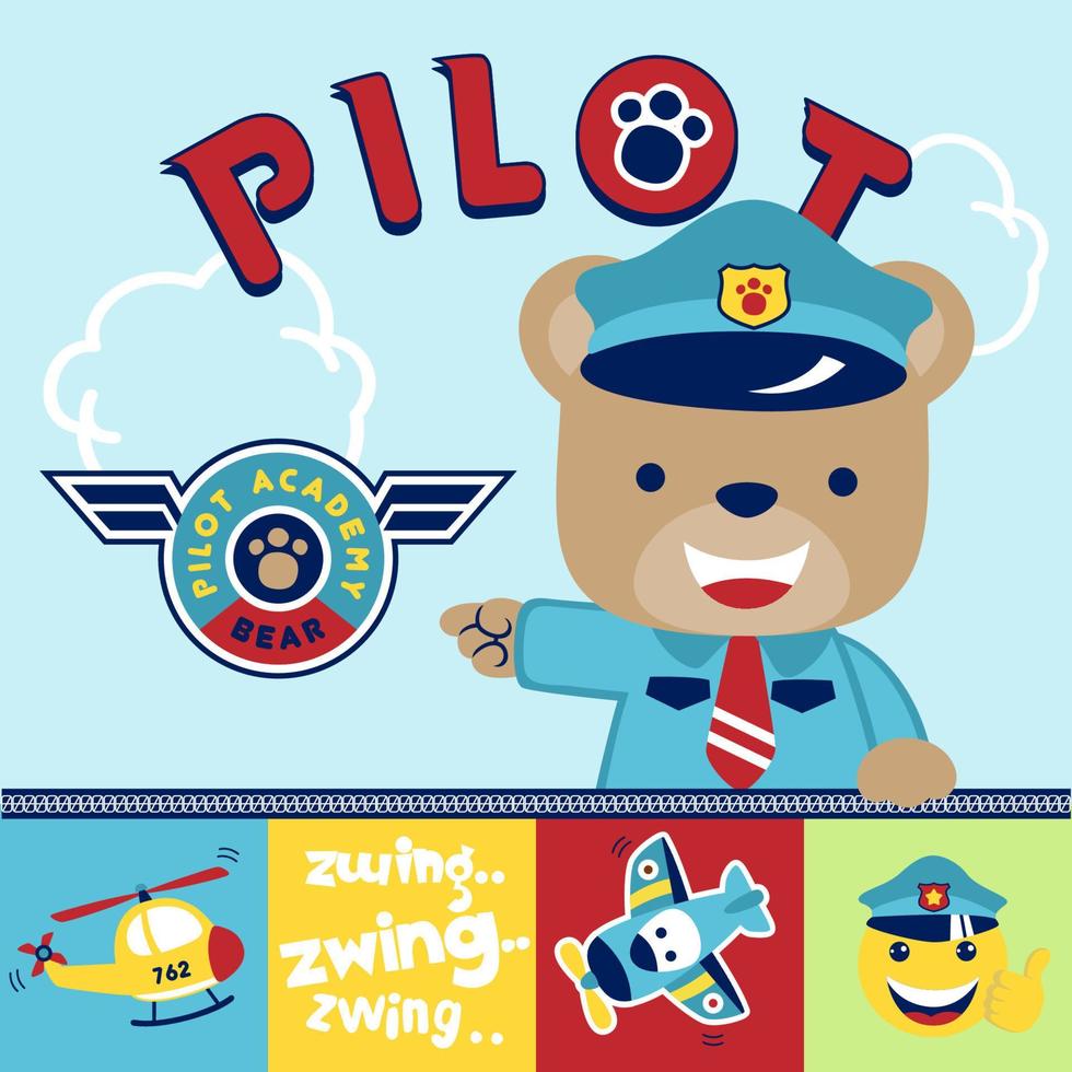 vector cartoon of cute bear in pilot uniform with airline elements