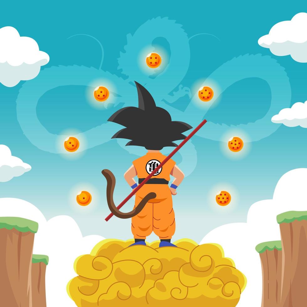 KId Riding a Flying Cloud Collecting Magic Balls vector