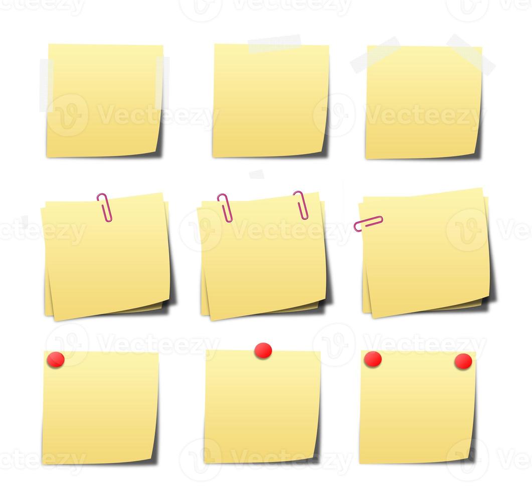 yellow sticky notes on white background photo