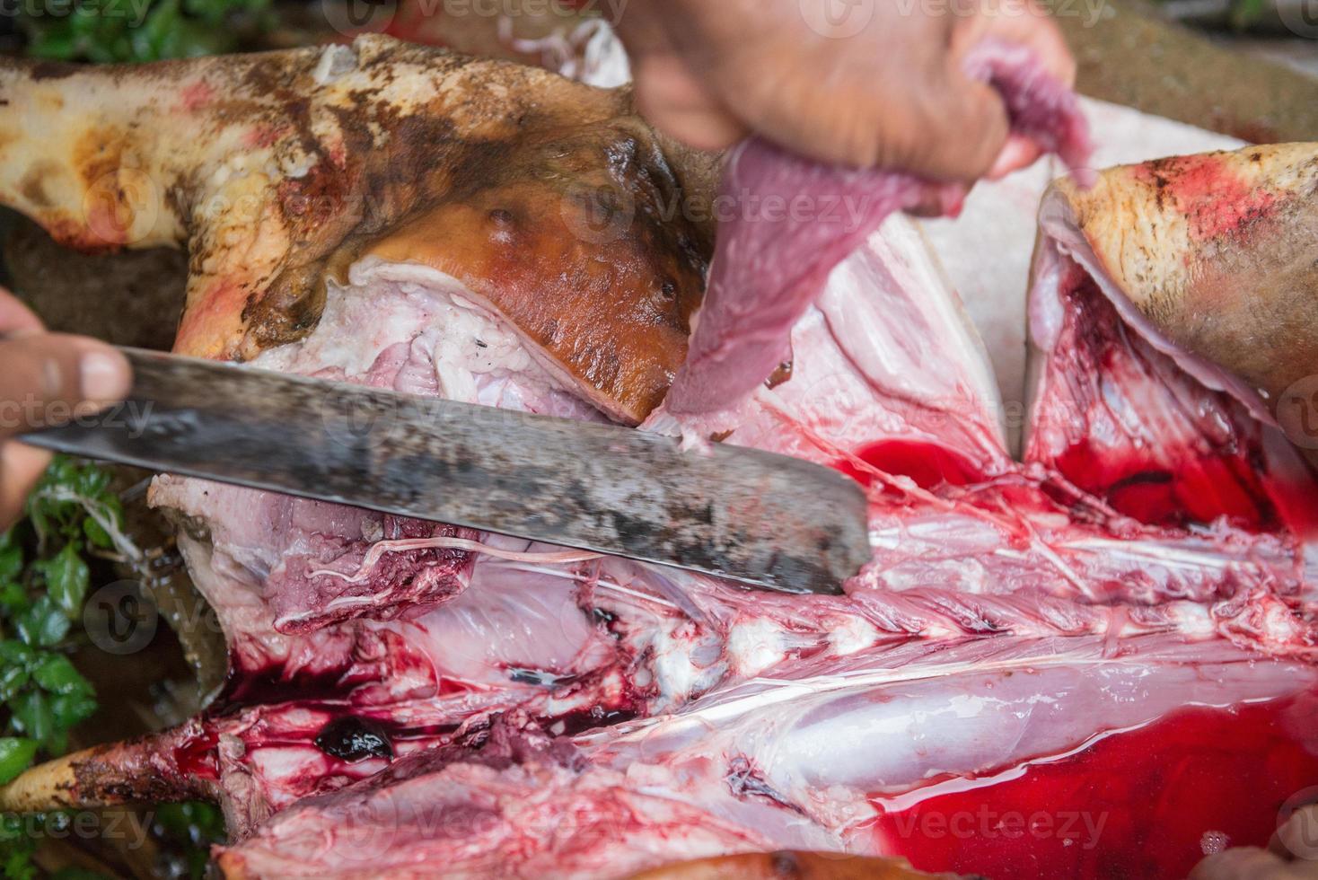 slicing pork with knife photo