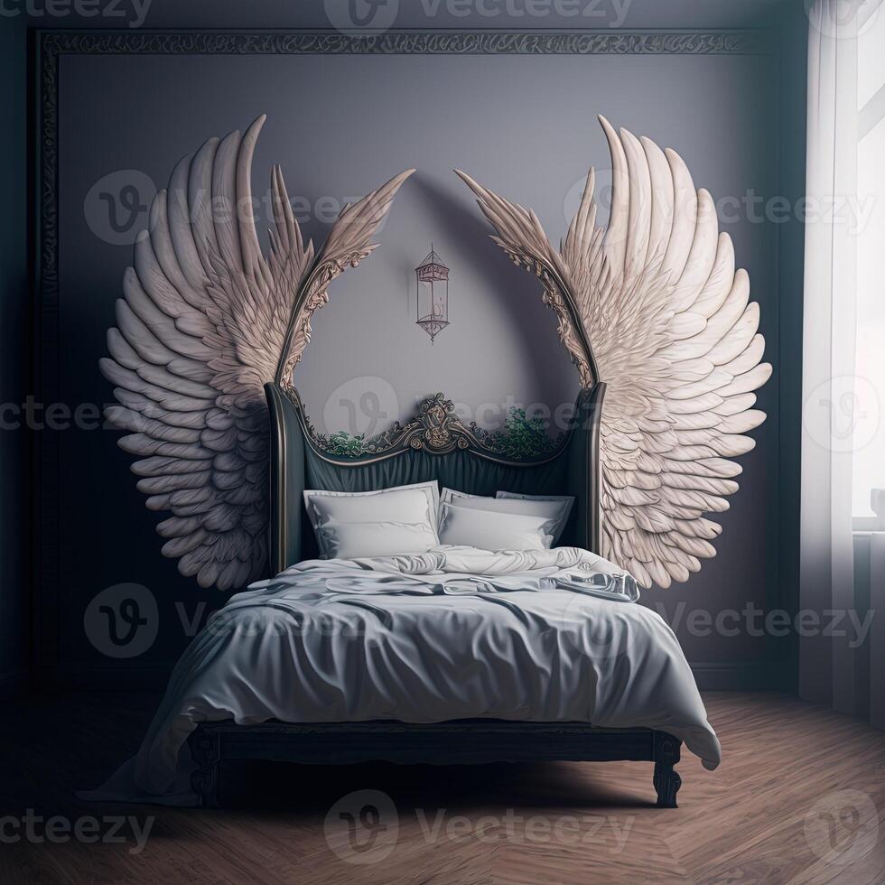 ilustración cama con ángel alas hecho con generativo ai foto