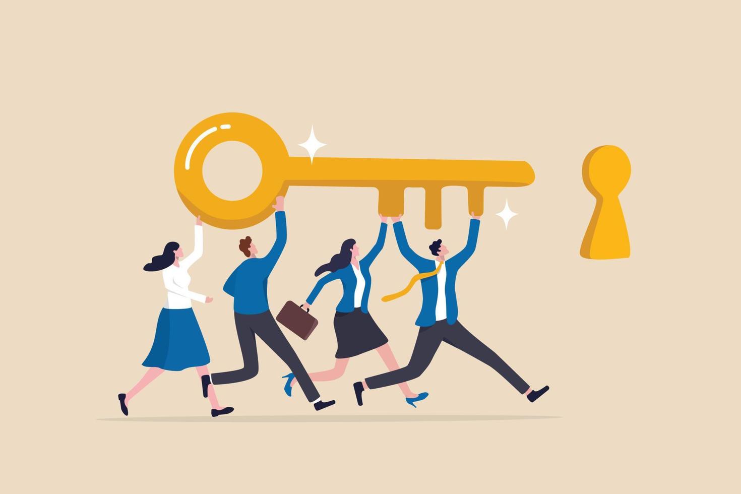 Key to success, teamwork, people to help solve problem, career opportunity, unlock secret or discovery, motivation concept, business people team member help carry golden success key push into keyhole. vector