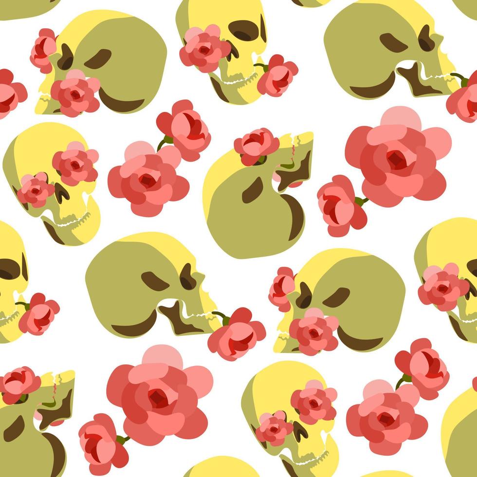 A pattern of skulls with flowers. Background with portraits, human skulls and flowers inside. Background for printing for the holiday of the Day of the dead and Halloween vector