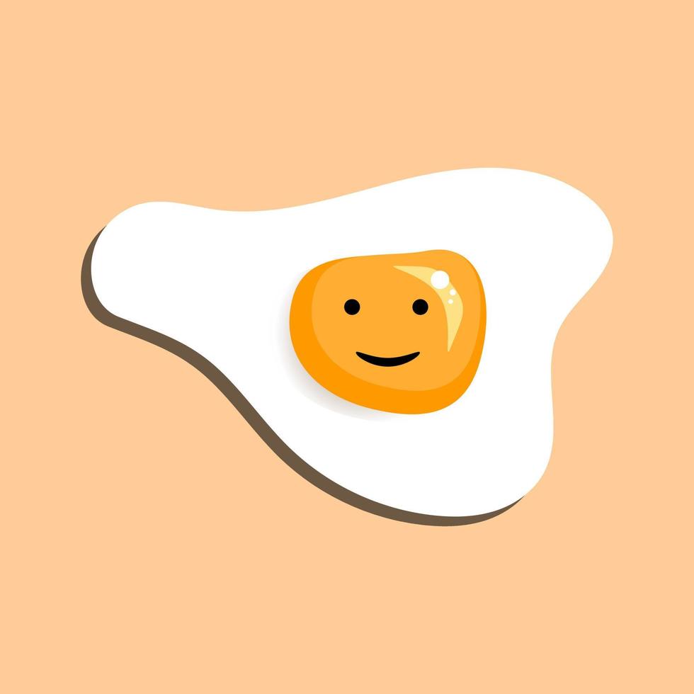 Funny cute fried egg emoticon face icon like a boy isolated on a beige background. Paper cut out vector illustration