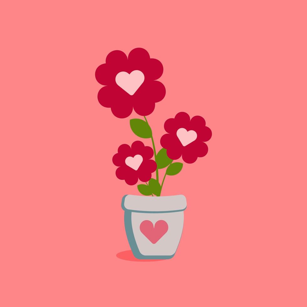 Heart shape red flowers in a flower pot. Love and romance symbol. Flat design. Isolated Vector Illustration