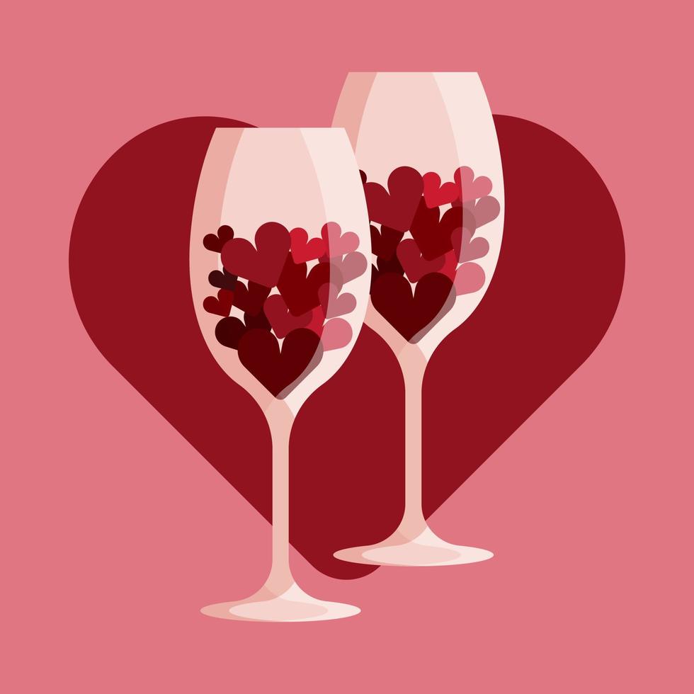 dos vino lentes con corazones. muchos pequeño rojo corazones en dos vino lentes. san valentin día concepto. vector ilustración