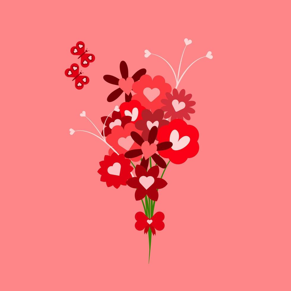 Flowers bouquet with butterflies tied with heart shape bow. Love flat icon vector