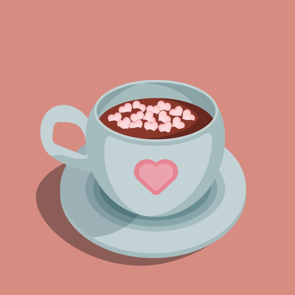 Hot chocolate cup with marshmallows, a blue cup of cocoa with pink heart ornament. Love greeting card vector illustrations, Isolated design elements