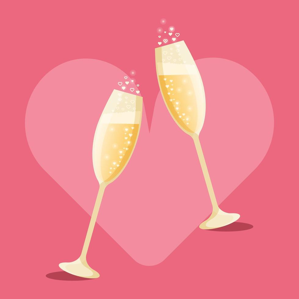 Two glasses of champagne with bubbles isolated on a pink heart background vector