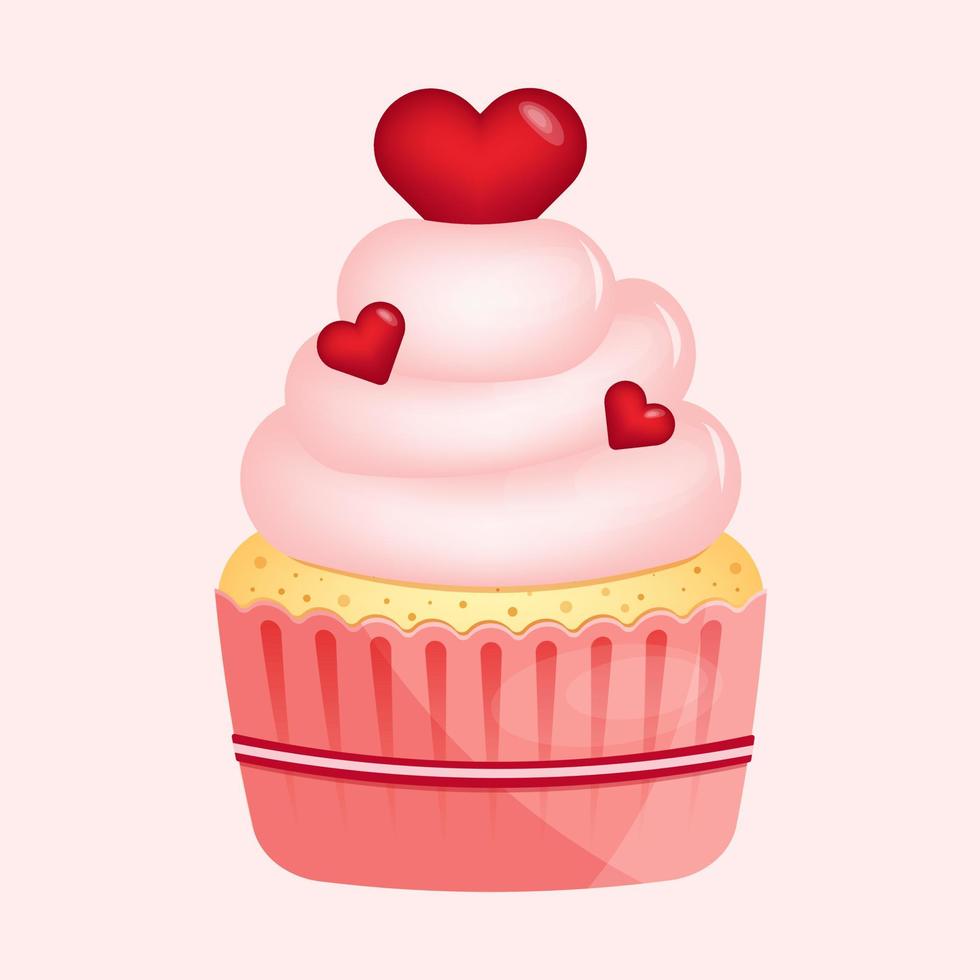 Cupcake with heart shape cherry in flat style isolated on pink background. Love, valentines day concept. Vector illustration