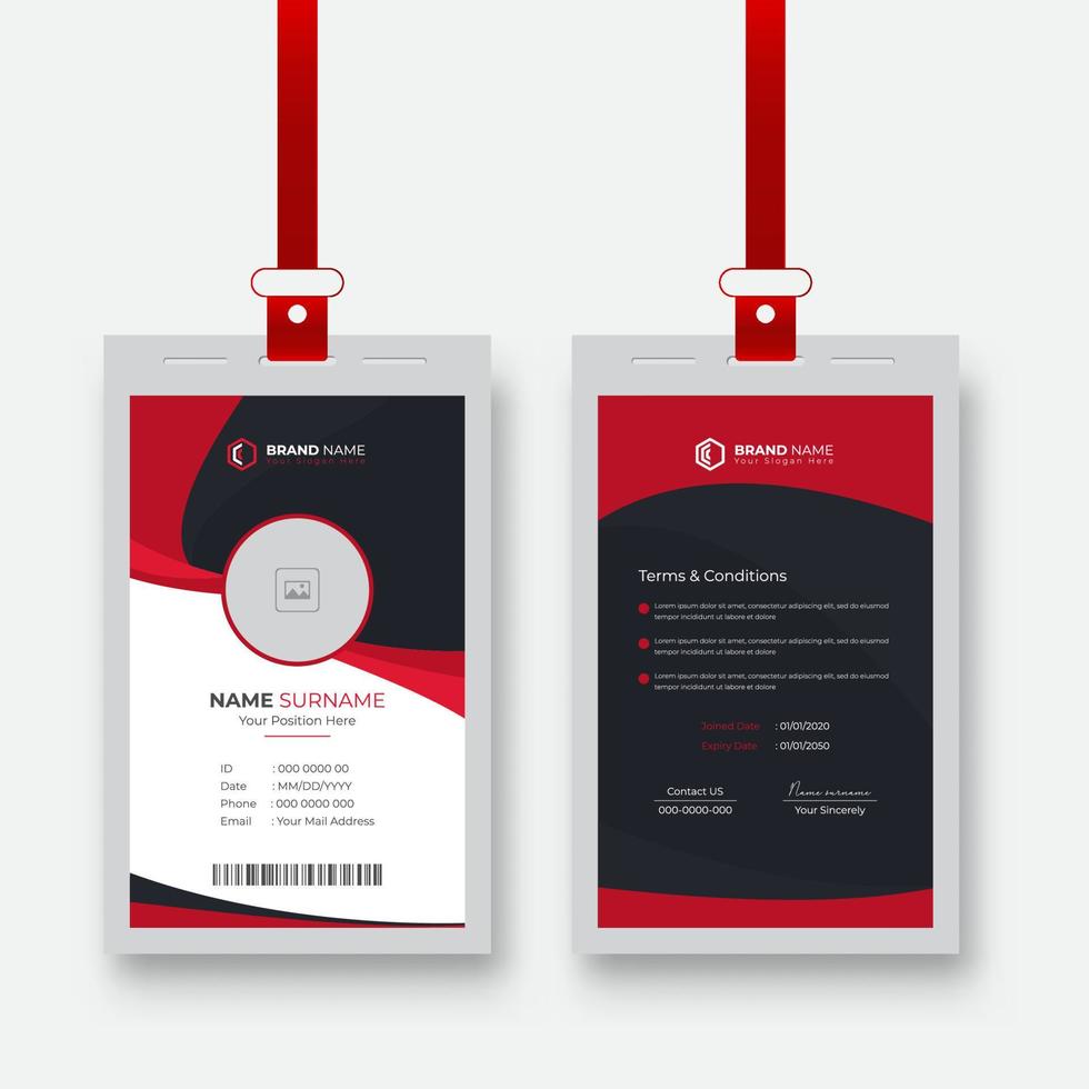 Clean and simple corporate company employee id card design with red and black color. vector
