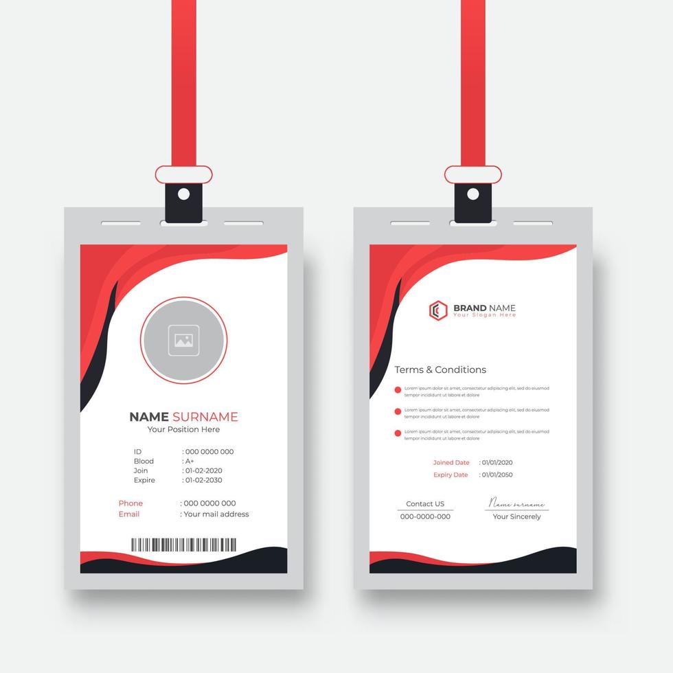 moderno y minimalista empresa empleado carné de identidad tarjeta modelo. rojo oficina personal identidad tarjeta modelo diseño vector