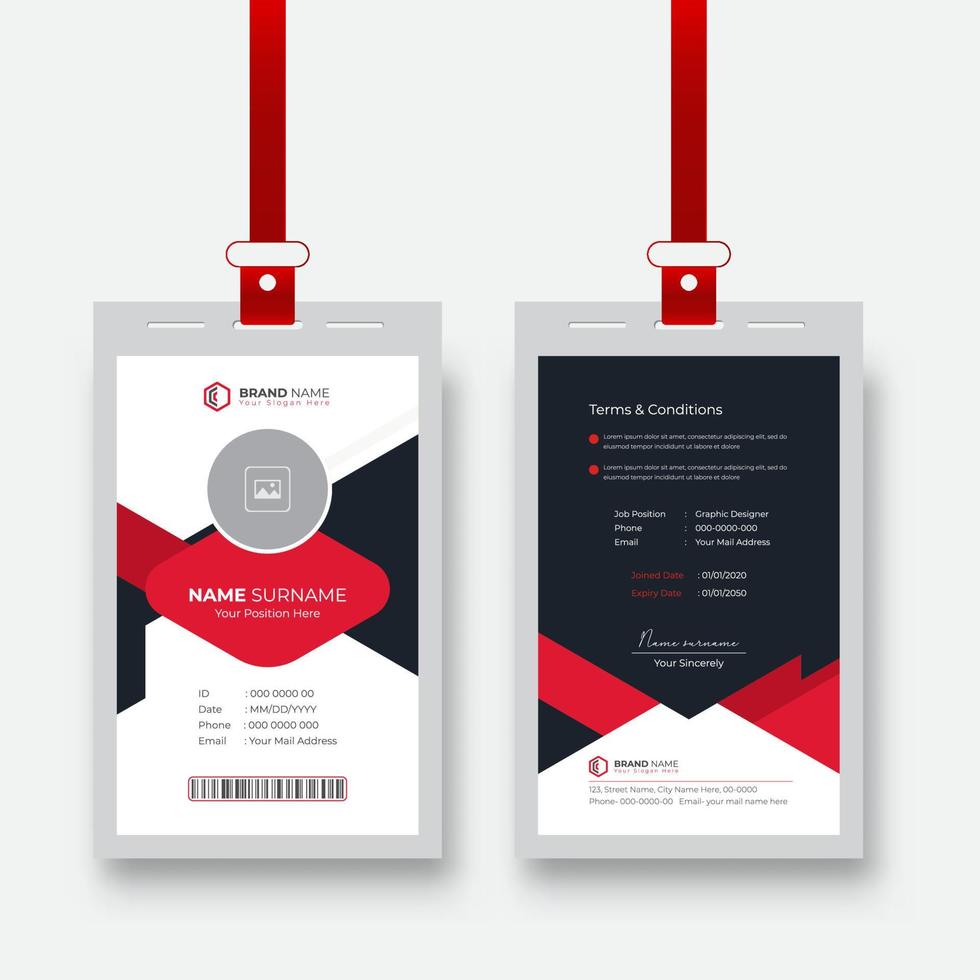 Modern and minimalist red style company employee id card template. office staff identity card template design vector