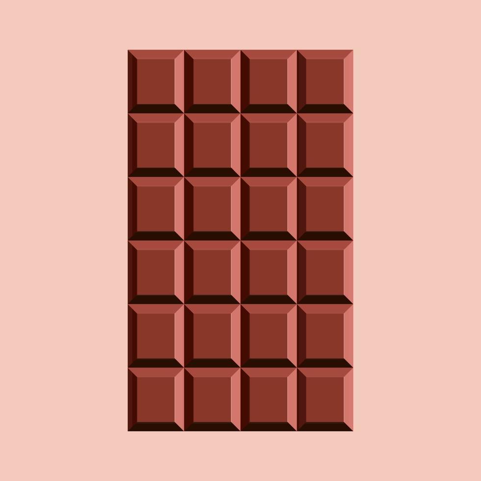 Milk chocolate bar. Unwrapped square pieces of dark chocolate isolated on pink background. Cocoa product, vector illustration