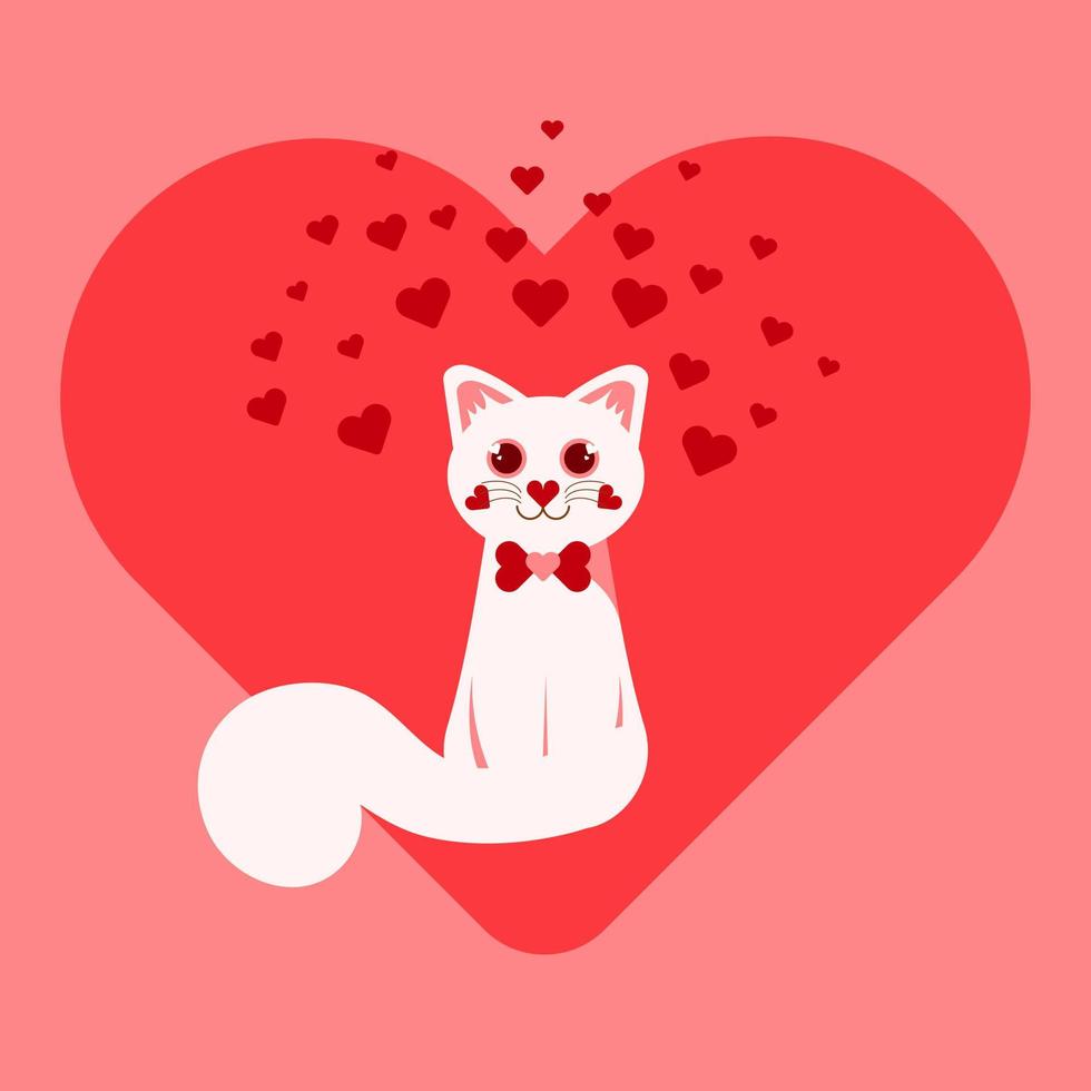 One cat in love on big heart background for valentine day, cute cartoon character, vector illustrations in flat style